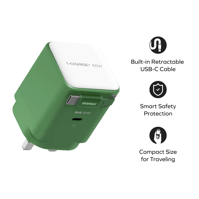 1-Charge+ 1-Port GaN Charger With Built-In USB-C Cable 65W