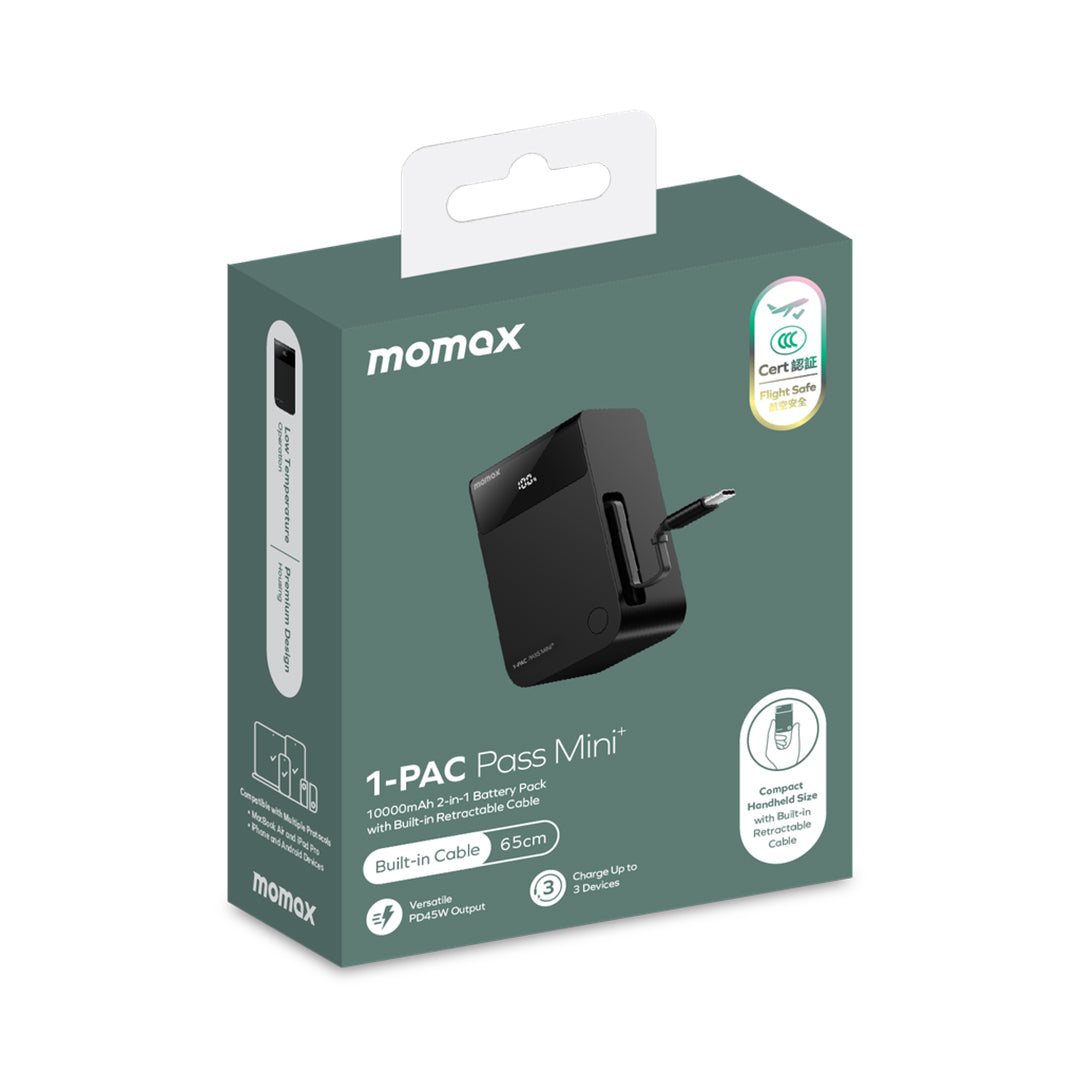 Momax 1-PAC PASS MINI+ 10000mAh 2in1 Battery Pack with Built-in Retractable Cable