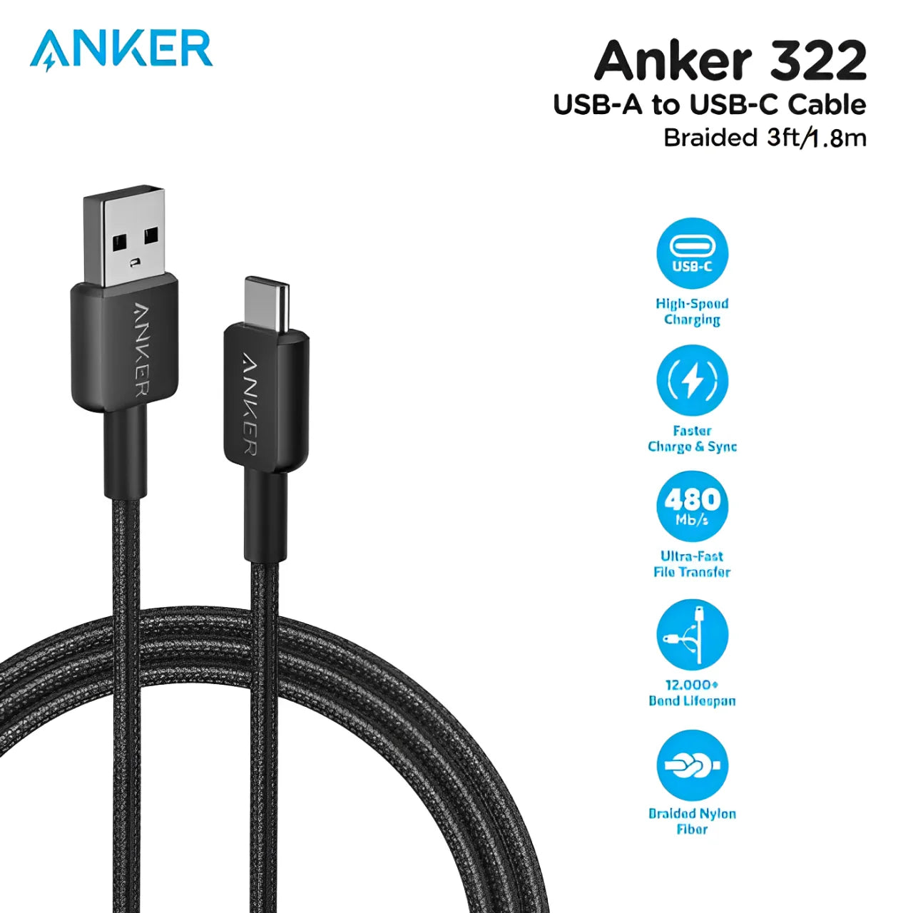 ANKER 322 USB-A TO USB-C BRAIDED CABLE 3FT - Best Buy Tech