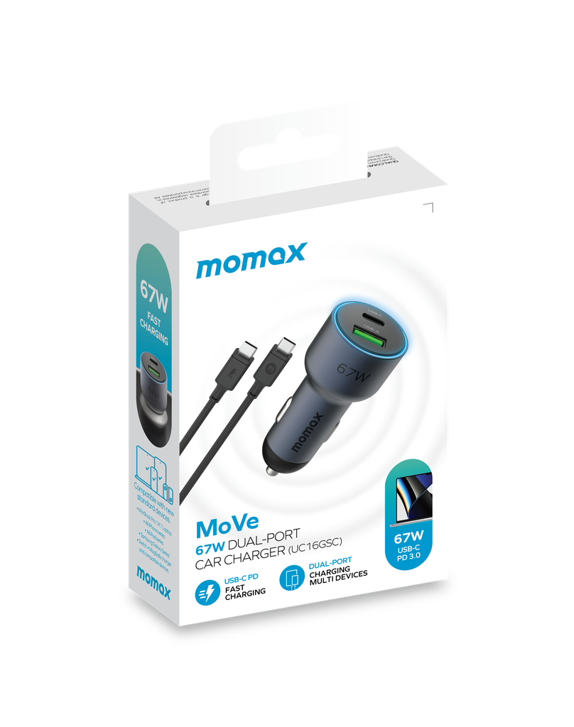 MOMAX MOVE 67W DUAL PORT CAR CHARGER+ 1MTR 100W C TO C CABLE - ALAMAT
