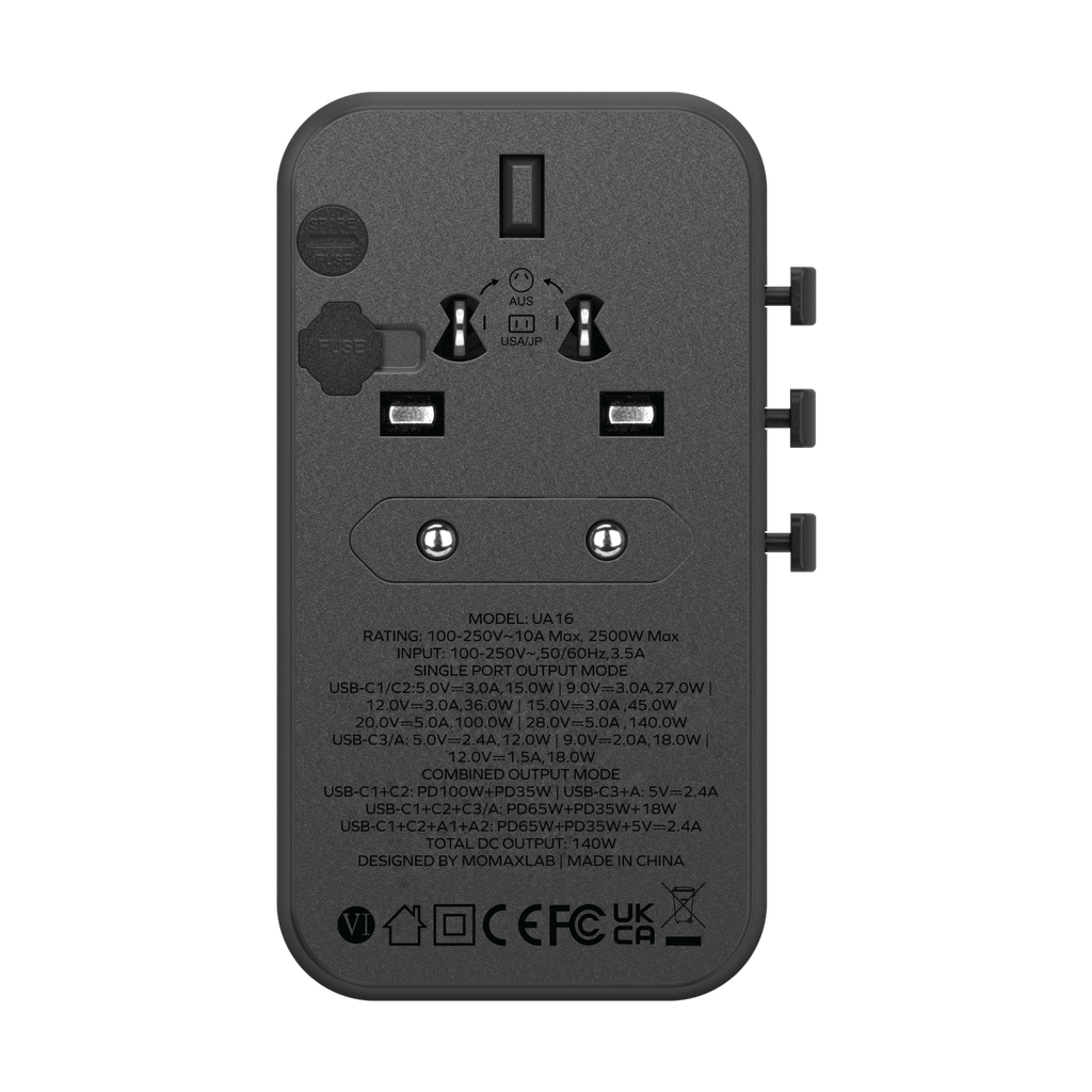 MOMAX 1-WORLD 140W GAN 4 PORTS AC TRAVEL ADAPTER INCLUDING 140W USB-C TO USB-C CABLE - ALAMAT