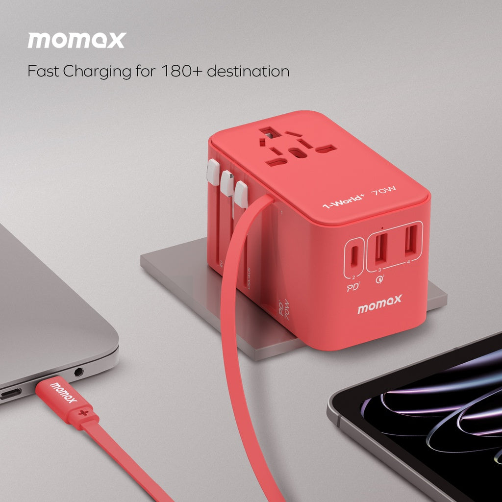 MOMAX 1-WORLD 70W GAN 3 PORT WITH BUILT-IN USB-C CABLE AC TRAVEL ADAPTOR - ALAMAT