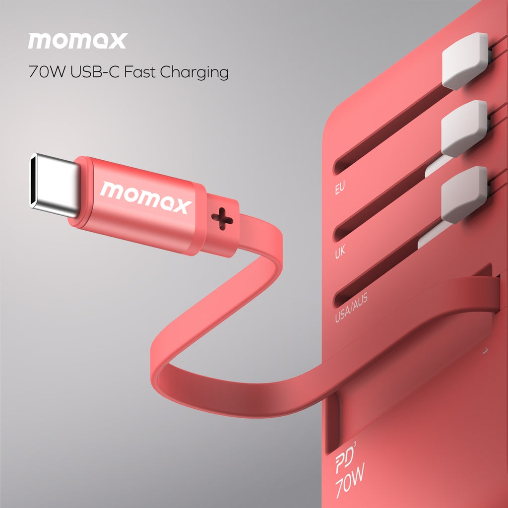 MOMAX 1-WORLD 70W GAN 3 PORT WITH BUILT-IN USB-C CABLE AC TRAVEL ADAPTOR - ALAMAT