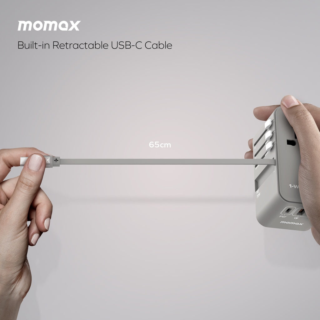 MOMAX 1-WORLD 70W GAN 3 PORT WITH BUILT-IN USB-C CABLE AC TRAVEL ADAPTOR - ALAMAT