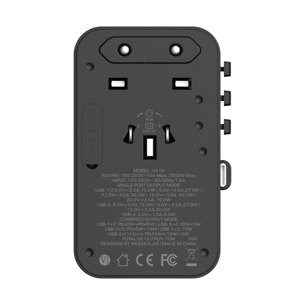 MOMAX 1-WORLD 70W GAN 3 PORT WITH BUILT-IN USB-C CABLE AC TRAVEL ADAPTOR - ALAMAT