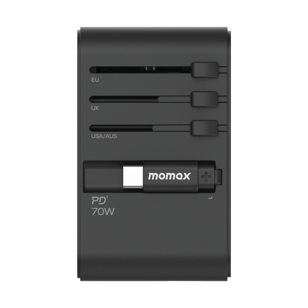 MOMAX 1-WORLD 70W GAN 3 PORT WITH BUILT-IN USB-C CABLE AC TRAVEL ADAPTOR - ALAMAT