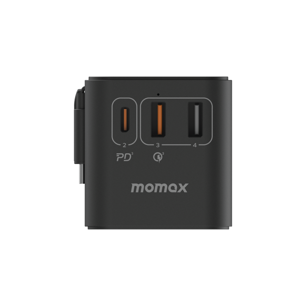 MOMAX 1-WORLD 70W GAN 3 PORT WITH BUILT-IN USB-C CABLE AC TRAVEL ADAPTOR - ALAMAT