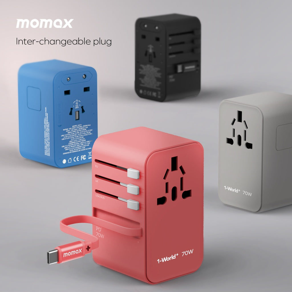 MOMAX 1-WORLD 70W GAN 3 PORT WITH BUILT-IN USB-C CABLE AC TRAVEL ADAPTOR - ALAMAT