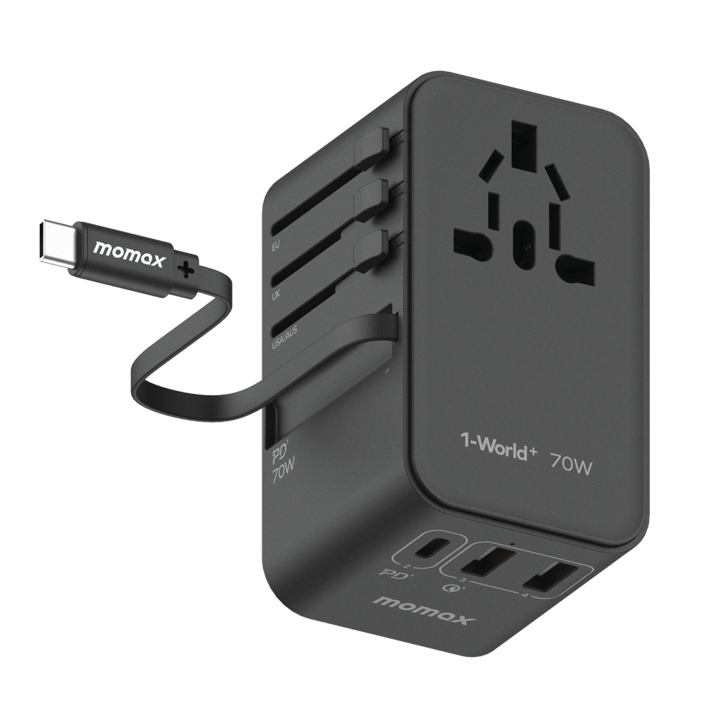MOMAX 1-WORLD 70W GAN 3 PORT WITH BUILT-IN USB-C CABLE AC TRAVEL ADAPTOR - ALAMAT