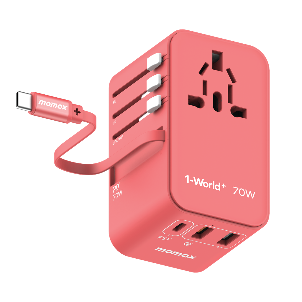 MOMAX 1-WORLD 70W GAN 3 PORT WITH BUILT-IN USB-C CABLE AC TRAVEL ADAPTOR - ALAMAT