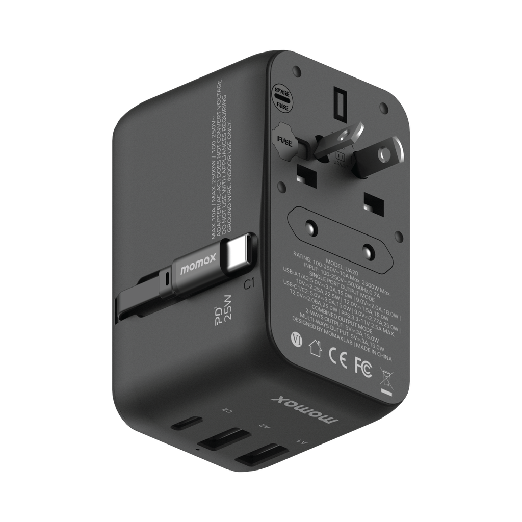 MOMAX 1-WORLD 25W 3 PORT WITH BUILT-IN USB-C CABLE AC TRAVEL ADAPTOR - Best Buy Tech
