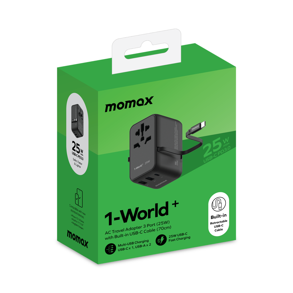 MOMAX 1-WORLD 25W 3 PORT WITH BUILT-IN USB-C CABLE AC TRAVEL ADAPTOR - Best Buy Tech