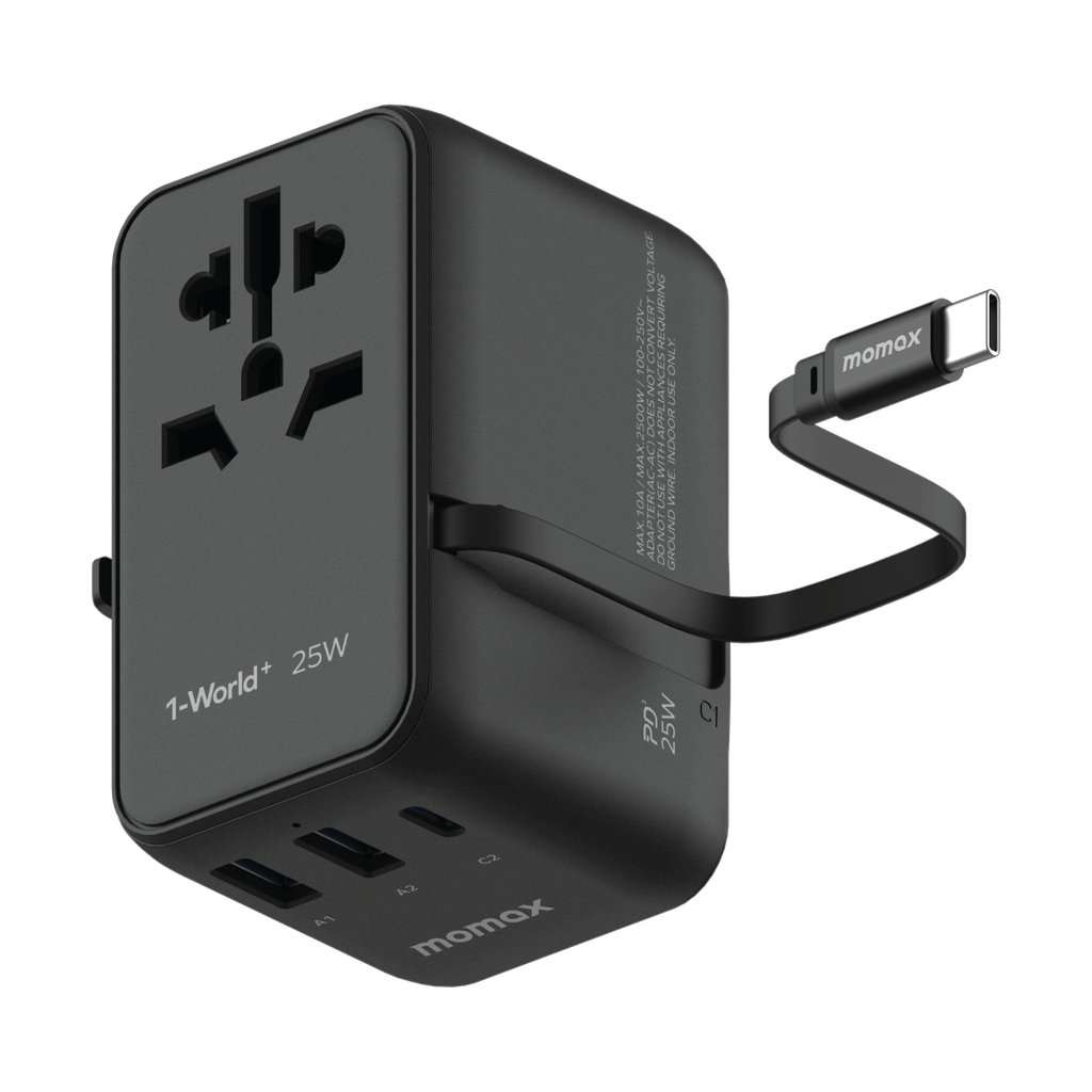 MOMAX 1-WORLD 25W 3 PORT WITH BUILT-IN USB-C CABLE AC TRAVEL ADAPTOR - Best Buy Tech