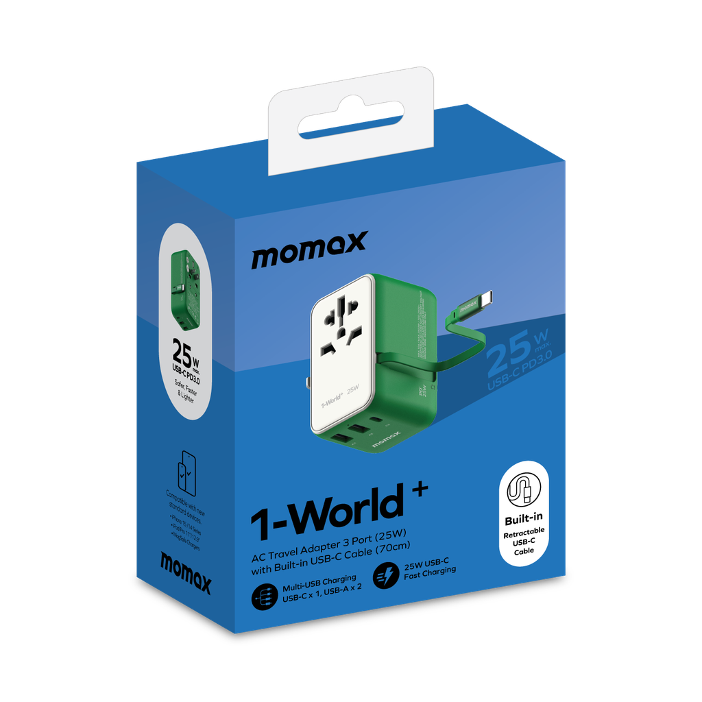 MOMAX 1-WORLD 25W 3 PORT WITH BUILT-IN USB-C CABLE AC TRAVEL ADAPTOR - Best Buy Tech