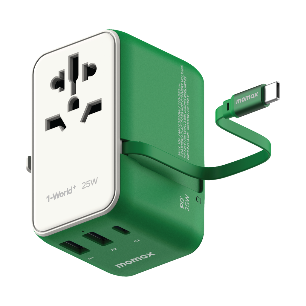 MOMAX 1-WORLD 25W 3 PORT WITH BUILT-IN USB-C CABLE AC TRAVEL ADAPTOR - Best Buy Tech
