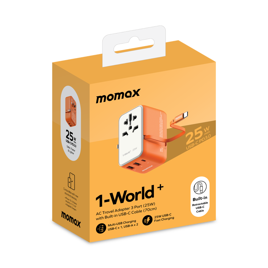 MOMAX 1-WORLD 25W 3 PORT WITH BUILT-IN USB-C CABLE AC TRAVEL ADAPTOR - Best Buy Tech