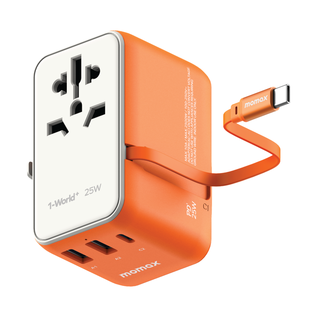 MOMAX 1-WORLD 25W 3 PORT WITH BUILT-IN USB-C CABLE AC TRAVEL ADAPTOR - Best Buy Tech