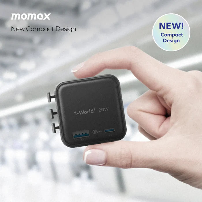 Momax 1-World²
2-Port USB-A and USB-C GaN Travel Charger 20W - Black