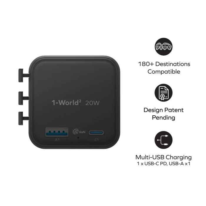 Momax 1-World²
2-Port USB-A and USB-C GaN Travel Charger 20W - Black