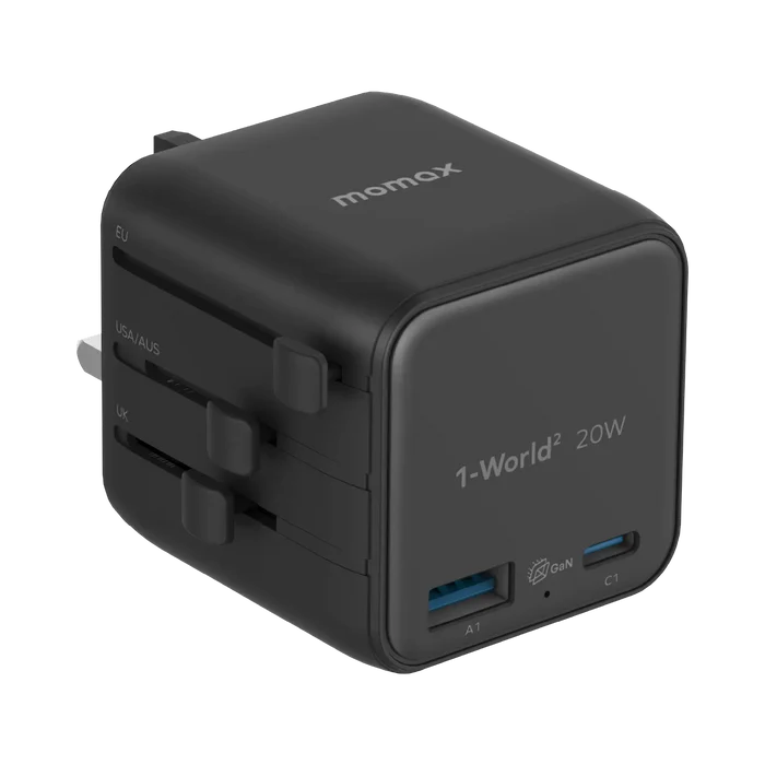 Momax 1-World²
2-Port USB-A and USB-C GaN Travel Charger 20W - Black