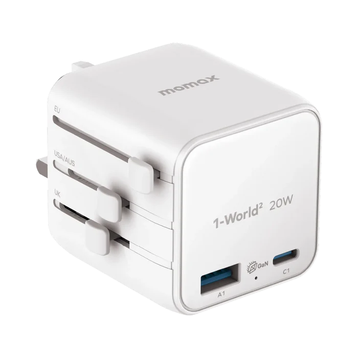 Momax 1-World²
2-Port USB-A and USB-C GaN Travel Charger 20W - White