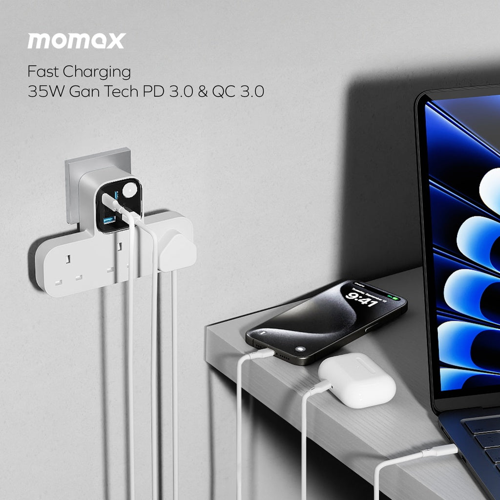 MOMAX 1-CHARGER WORK FLOW T-SHAPED EXTENTION 3 SOCKET WITH USB - Best Buy Tech