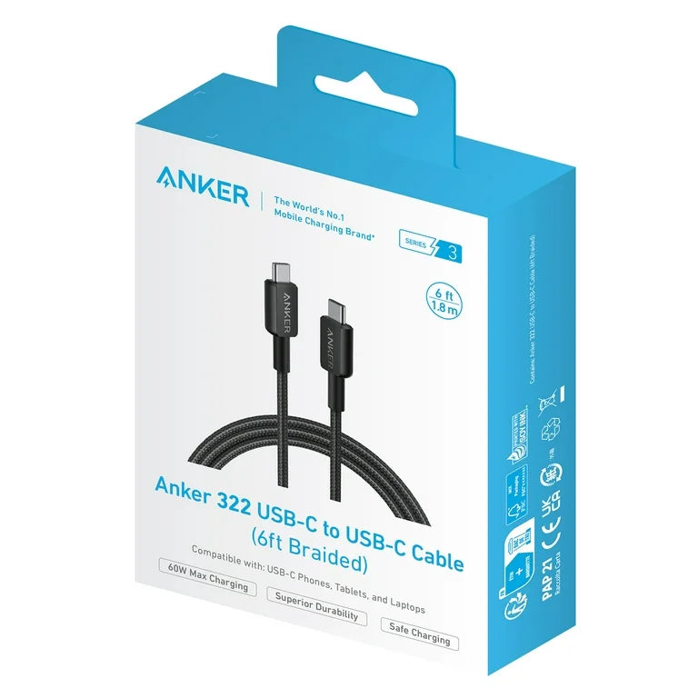 ANKER 322 USB-C TO USB-C CABLE 6FT (A81F6H11) - BLACK ANKER 322 USB-C TO USB-C CABLE 6FT (A81F6H11) - BLACK
