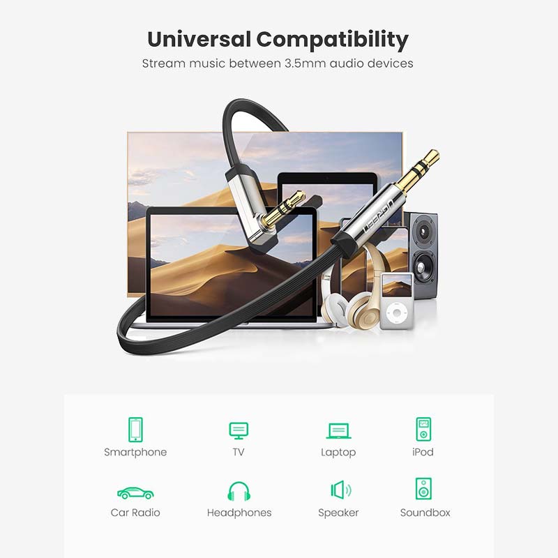 UGREEN 3.5mm Male to 3.5mm Male Straight to Angle Flat Cable 3M.