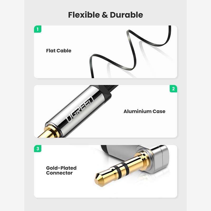 UGREEN 3.5mm Male to 3.5mm Male Straight to Angle Flat Cable 3M.
