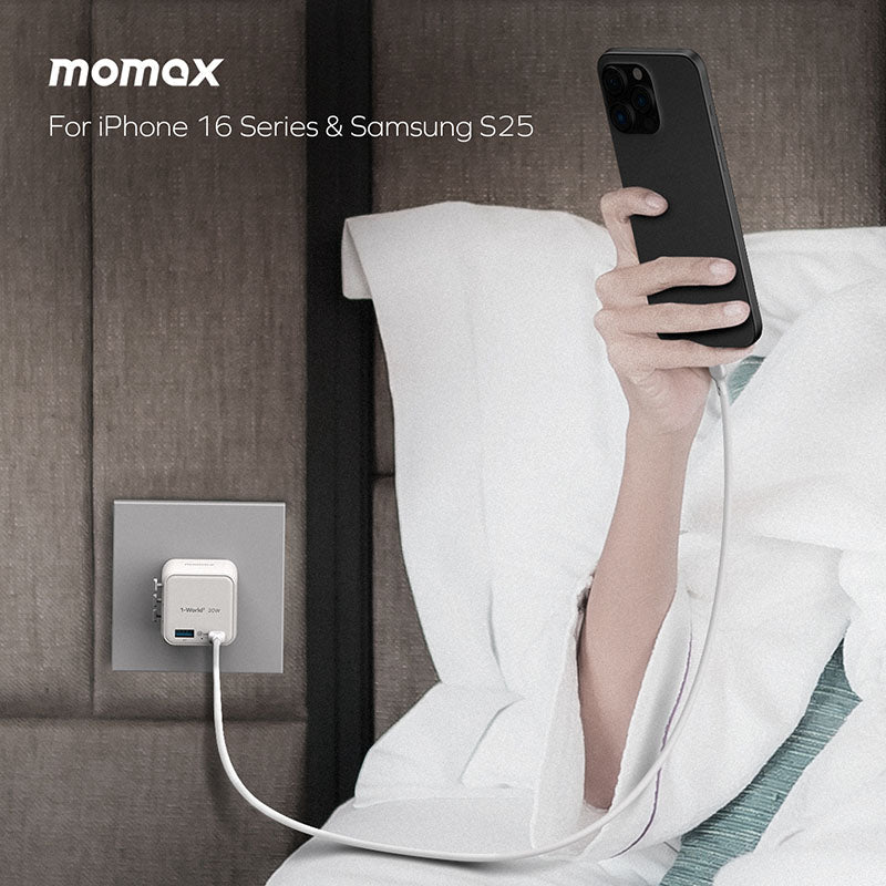 Momax 1-World² 2-Port USB-A and USB-C GaN Travel Charger 20W - White