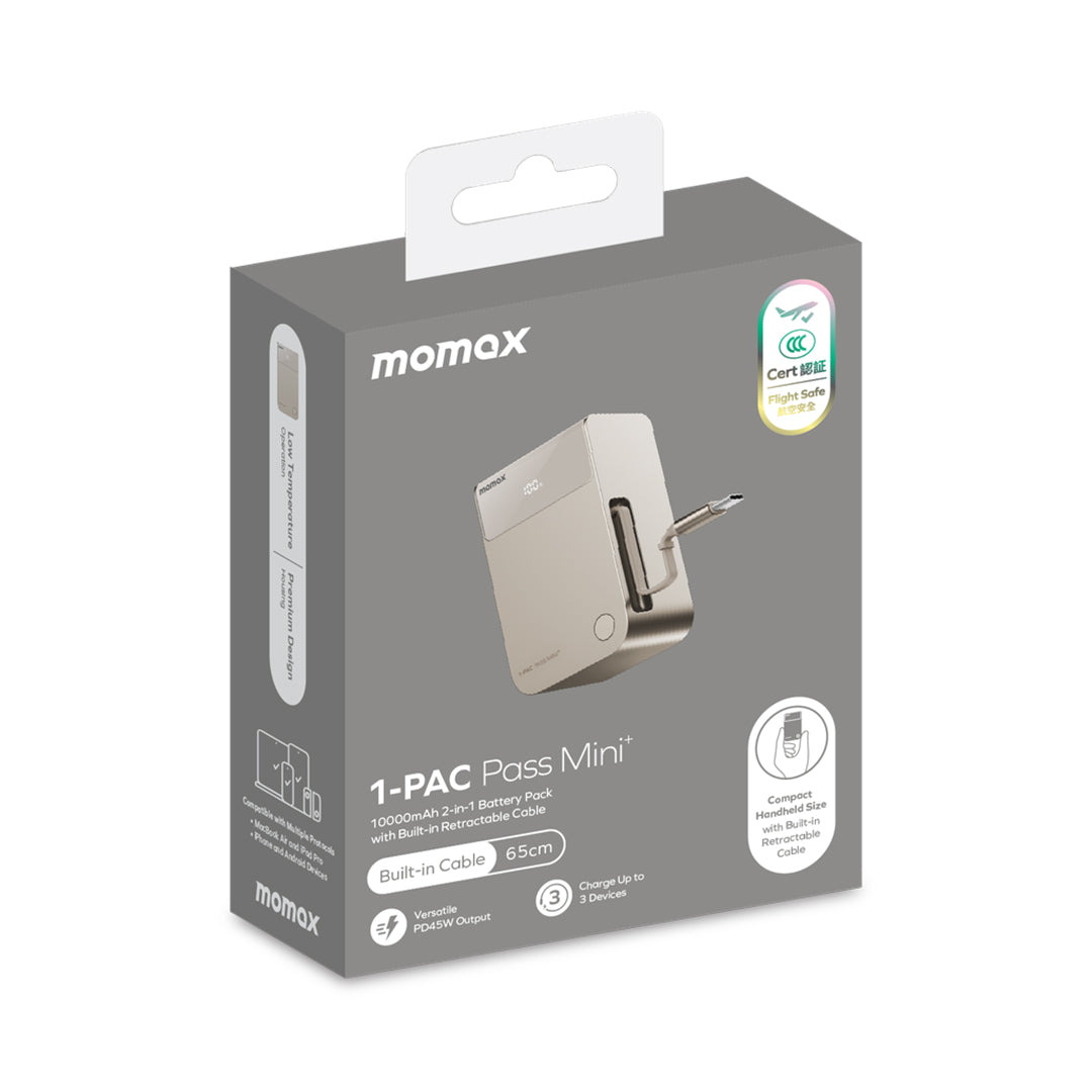 Momax 1-PAC PASS MINI+ 10000mAh 2in1 Battery Pack with Built-in Retractable Cable