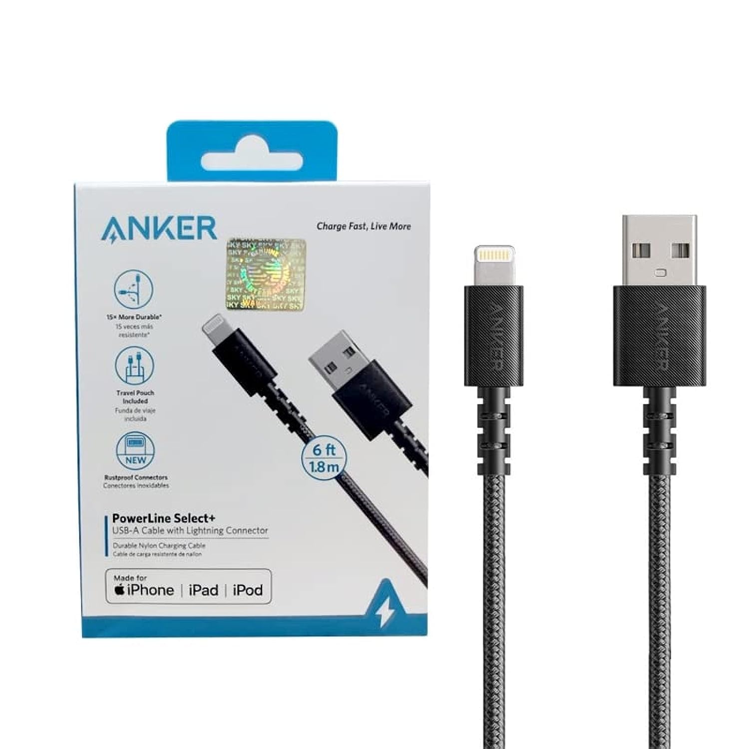 ANKER POWERLINE SELECT+ USB-A CABLE WITH LIGHTNING CONNECTOR 3FT (A8012H12)-BLACK ANKER POWERLINE SELECT+ USB-A CABLE WITH LIGHTNING CONNECTOR 3FT (A8012H12)-BLACK