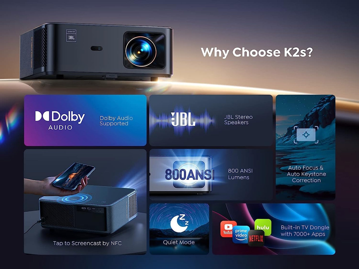 YABER K2S 1080P Smart Projector 800 ANSI, JBL Dolby, Auto Focus/Keystone, NFC Cast