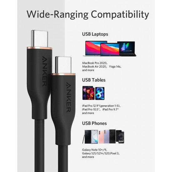 ANKER SUPER STRONG POWERLINE3 FLOW USB -C TO USB-C 100 W CABLE 6FT ANKER SUPER STRONG POWERLINE3 FLOW USB -C TO USB-C 100 W CABLE 6FT