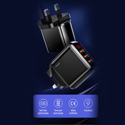 JOYROOM Leijing Series 3.4A Smart Digital Display Travel Charger - 3USB UK - BLACK - ALAMAT