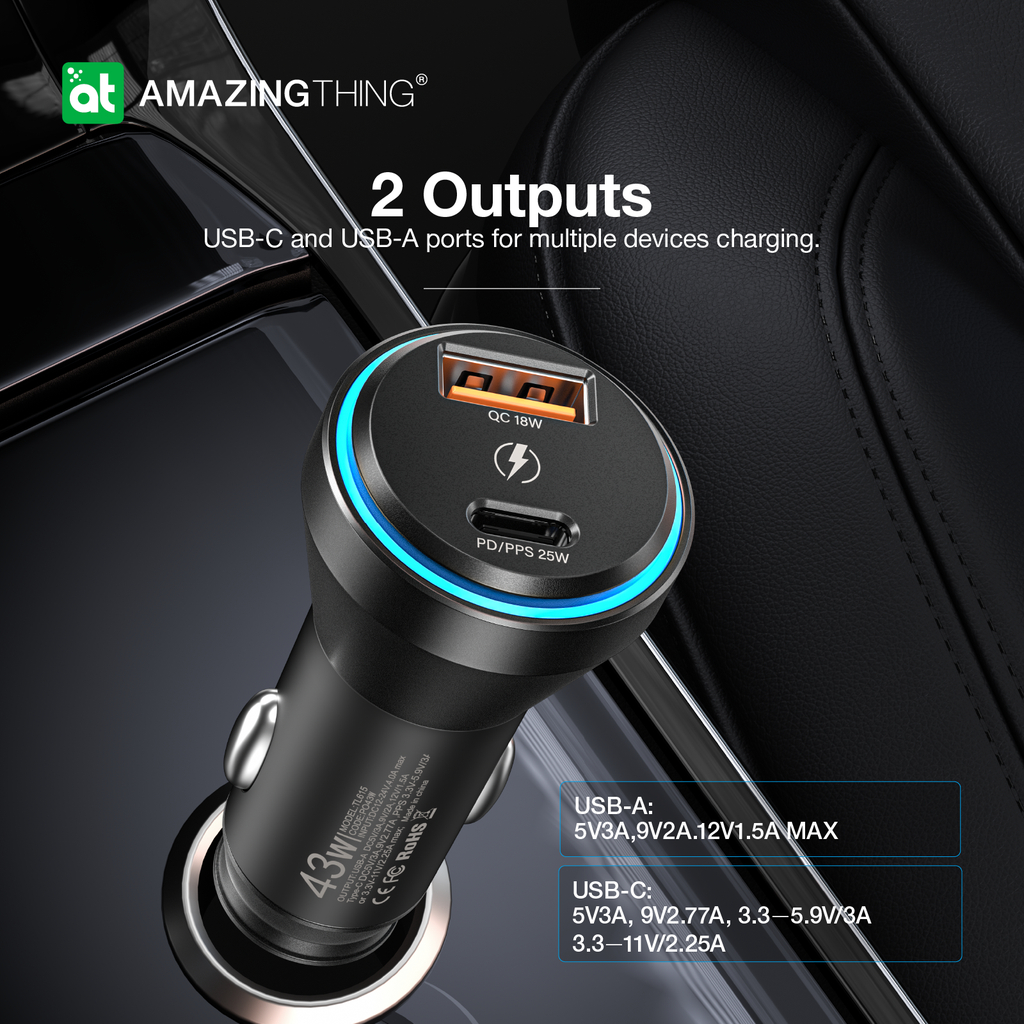 AMAZING THING FLEXIPOWER PRO PD43W 2 PORT CAR CHARGER AMAZING THING FLEXIPOWER PRO PD43W 2 PORT CAR CHARGER