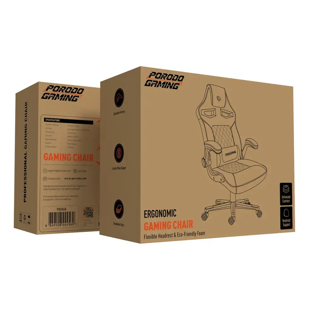 Porodo Gaming Chair PDX548 - Orange Flexible Headrest & Eco-Friendly Foam