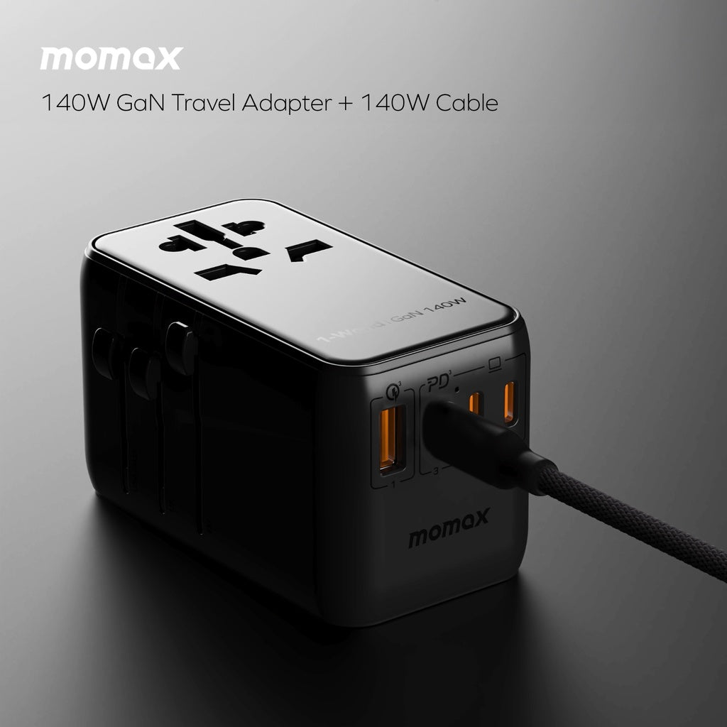 MOMAX 1-WORLD 140W GAN 4 PORTS AC TRAVEL ADAPTER INCLUDING 140W USB-C TO USB-C CABLE MOMAX 1-WORLD 140W GAN 4 PORTS AC TRAVEL ADAPTER INCLUDING 140W USB-C TO USB-C CABLE