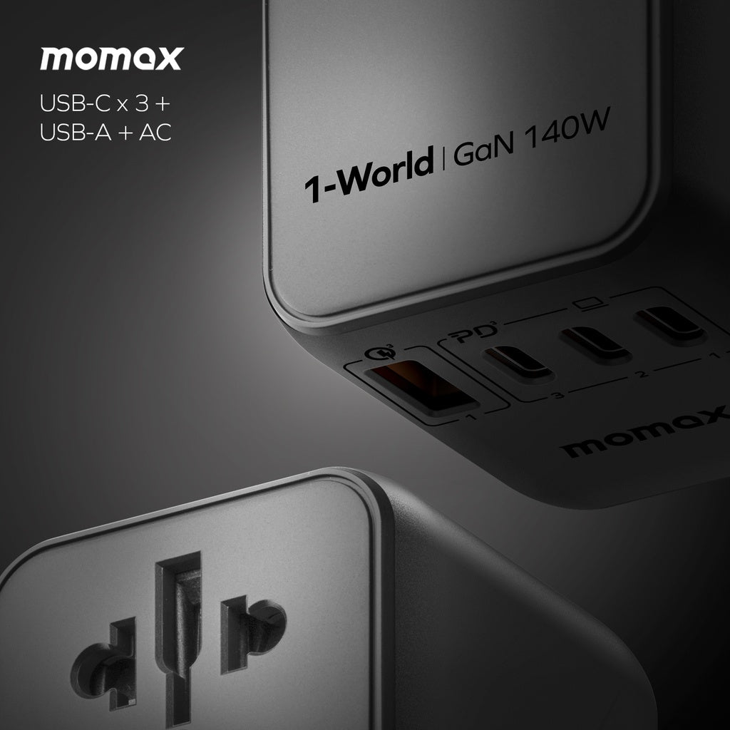 MOMAX 1-WORLD 140W GAN 4 PORTS AC TRAVEL ADAPTER INCLUDING 140W USB-C TO USB-C CABLE MOMAX 1-WORLD 140W GAN 4 PORTS AC TRAVEL ADAPTER INCLUDING 140W USB-C TO USB-C CABLE