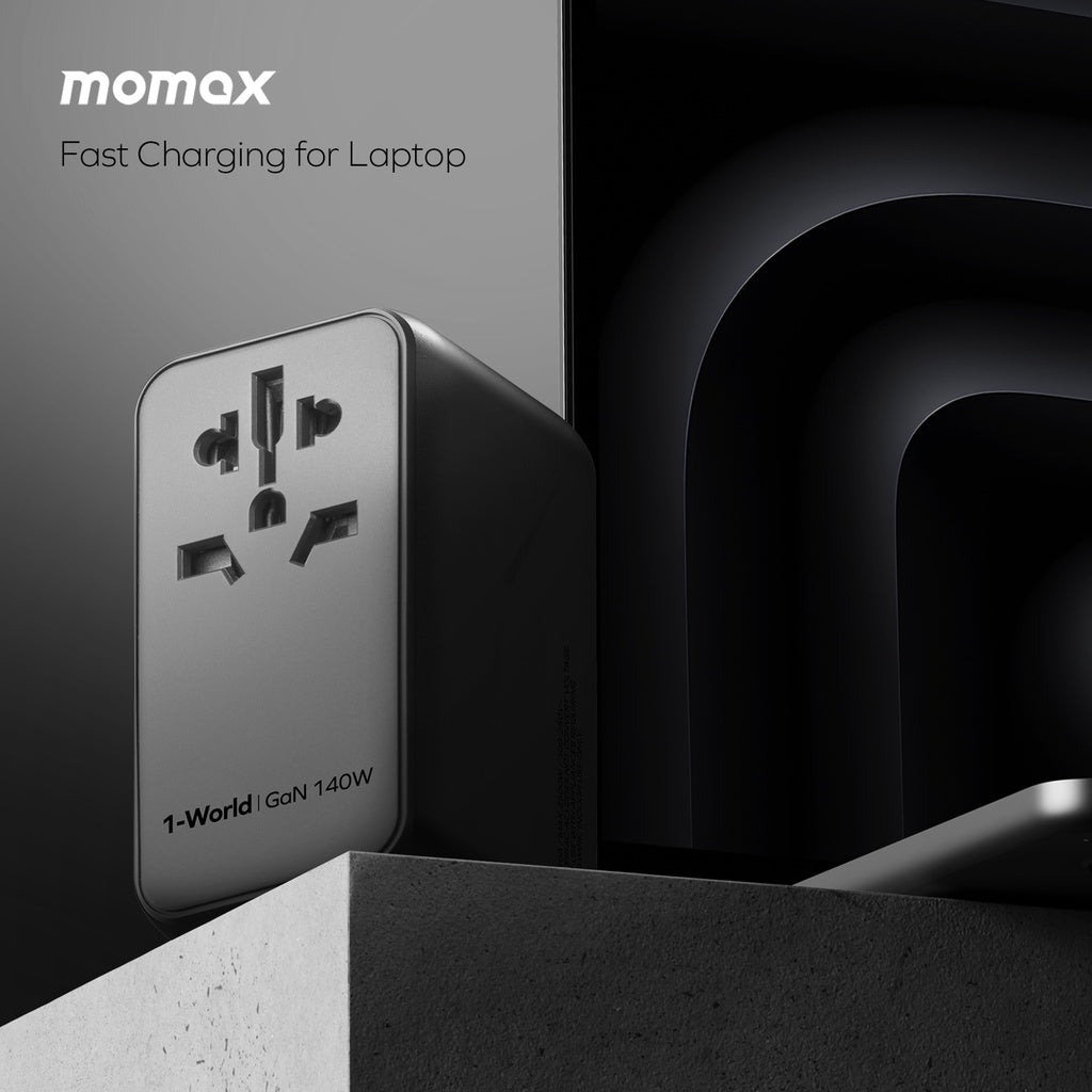 MOMAX 1-WORLD 140W GAN 4 PORTS AC TRAVEL ADAPTER INCLUDING 140W USB-C TO USB-C CABLE MOMAX 1-WORLD 140W GAN 4 PORTS AC TRAVEL ADAPTER INCLUDING 140W USB-C TO USB-C CABLE
