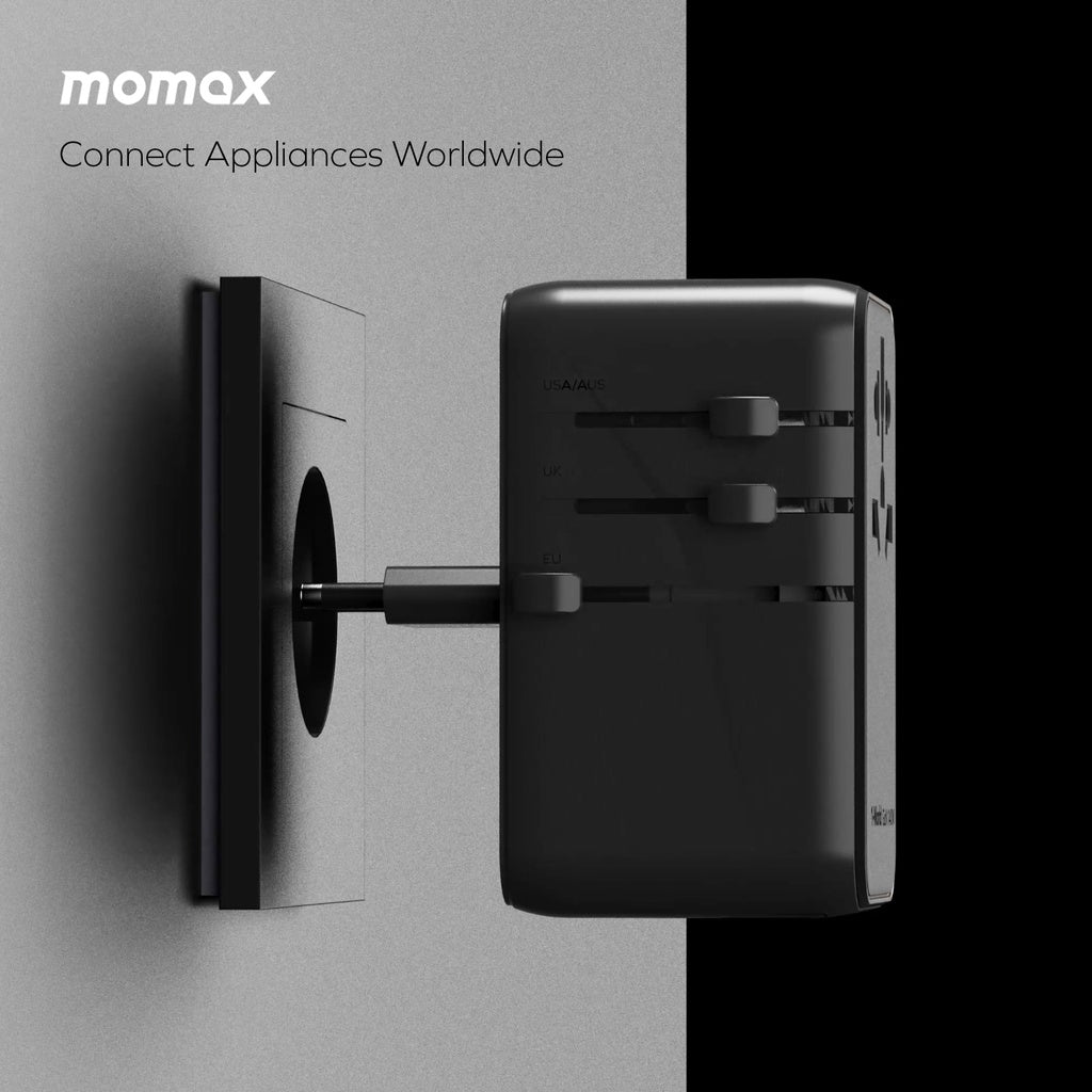 MOMAX 1-WORLD 140W GAN 4 PORTS AC TRAVEL ADAPTER INCLUDING 140W USB-C TO USB-C CABLE MOMAX 1-WORLD 140W GAN 4 PORTS AC TRAVEL ADAPTER INCLUDING 140W USB-C TO USB-C CABLE