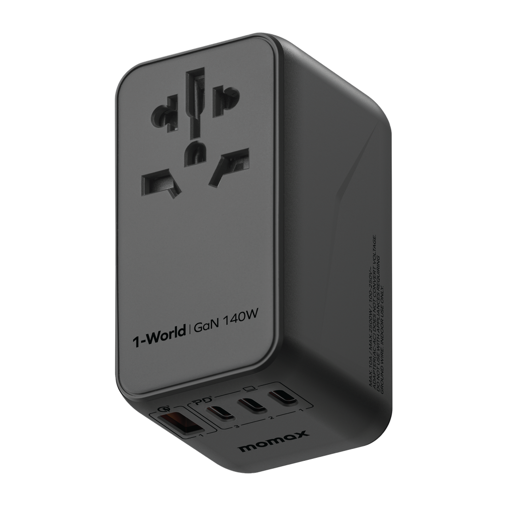 MOMAX 1-WORLD 140W GAN 4 PORTS AC TRAVEL ADAPTER INCLUDING 140W USB-C TO USB-C CABLE MOMAX 1-WORLD 140W GAN 4 PORTS AC TRAVEL ADAPTER INCLUDING 140W USB-C TO USB-C CABLE