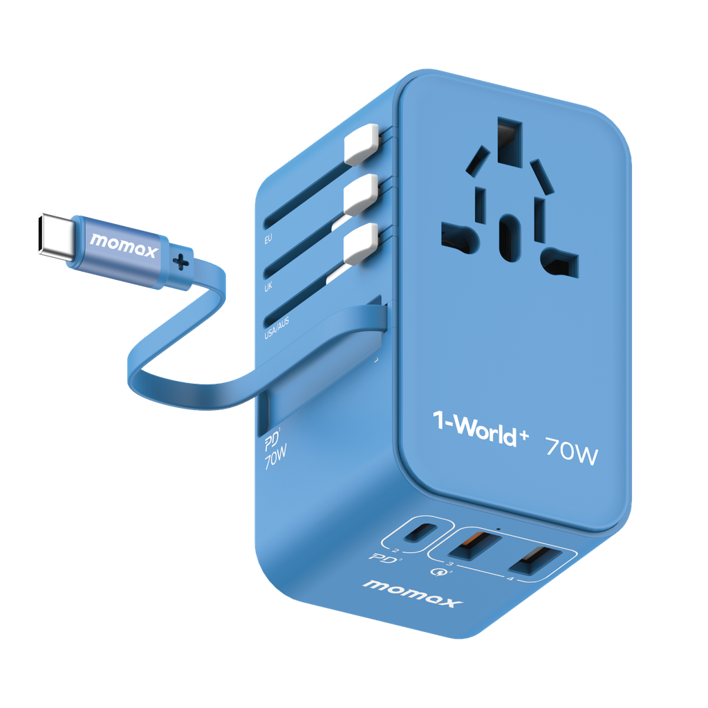 MOMAX 1-WORLD 70W GAN 3 PORT WITH BUILT-IN USB-C CABLE AC TRAVEL ADAPTOR MOMAX 1-WORLD 70W GAN 3 PORT WITH BUILT-IN USB-C CABLE AC TRAVEL ADAPTOR