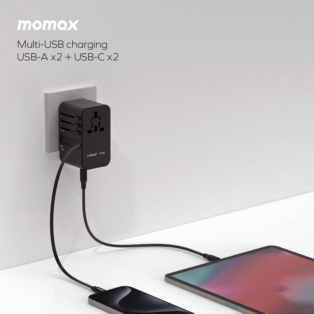 MOMAX 1-WORLD 70W GAN 3 PORT WITH BUILT-IN USB-C CABLE AC TRAVEL ADAPTOR MOMAX 1-WORLD 70W GAN 3 PORT WITH BUILT-IN USB-C CABLE AC TRAVEL ADAPTOR