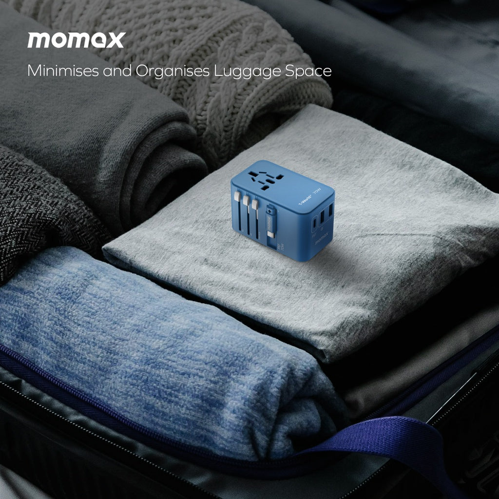MOMAX 1-WORLD 70W GAN 3 PORT WITH BUILT-IN USB-C CABLE AC TRAVEL ADAPTOR MOMAX 1-WORLD 70W GAN 3 PORT WITH BUILT-IN USB-C CABLE AC TRAVEL ADAPTOR