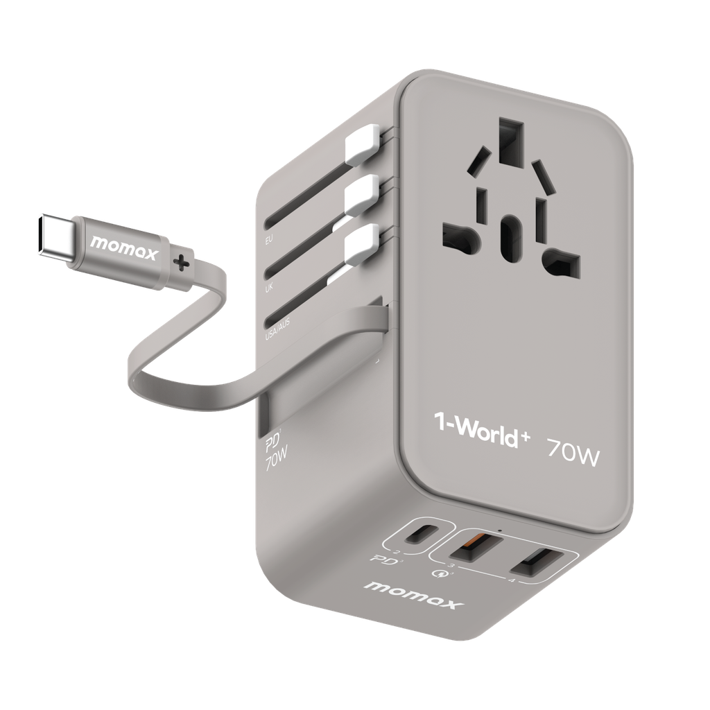 MOMAX 1-WORLD 70W GAN 3 PORT WITH BUILT-IN USB-C CABLE AC TRAVEL ADAPTOR MOMAX 1-WORLD 70W GAN 3 PORT WITH BUILT-IN USB-C CABLE AC TRAVEL ADAPTOR