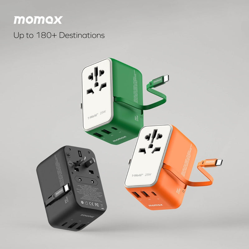 MOMAX 1-WORLD 25W 3 PORT WITH BUILT-IN USB-C CABLE AC TRAVEL ADAPTOR - www.bestbuytech.com
