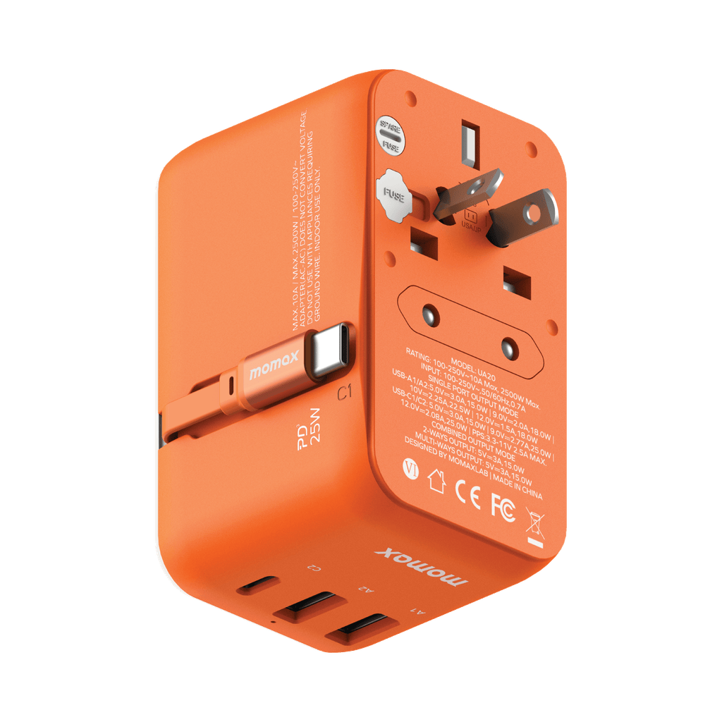 MOMAX 1-WORLD 25W 3 PORT WITH BUILT-IN USB-C CABLE AC TRAVEL ADAPTOR MOMAX 1-WORLD 25W 3 PORT WITH BUILT-IN USB-C CABLE AC TRAVEL ADAPTOR