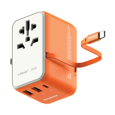 MOMAX 1-WORLD 25W 3 PORT WITH BUILT-IN USB-C CABLE AC TRAVEL ADAPTOR - Best Buy Tech