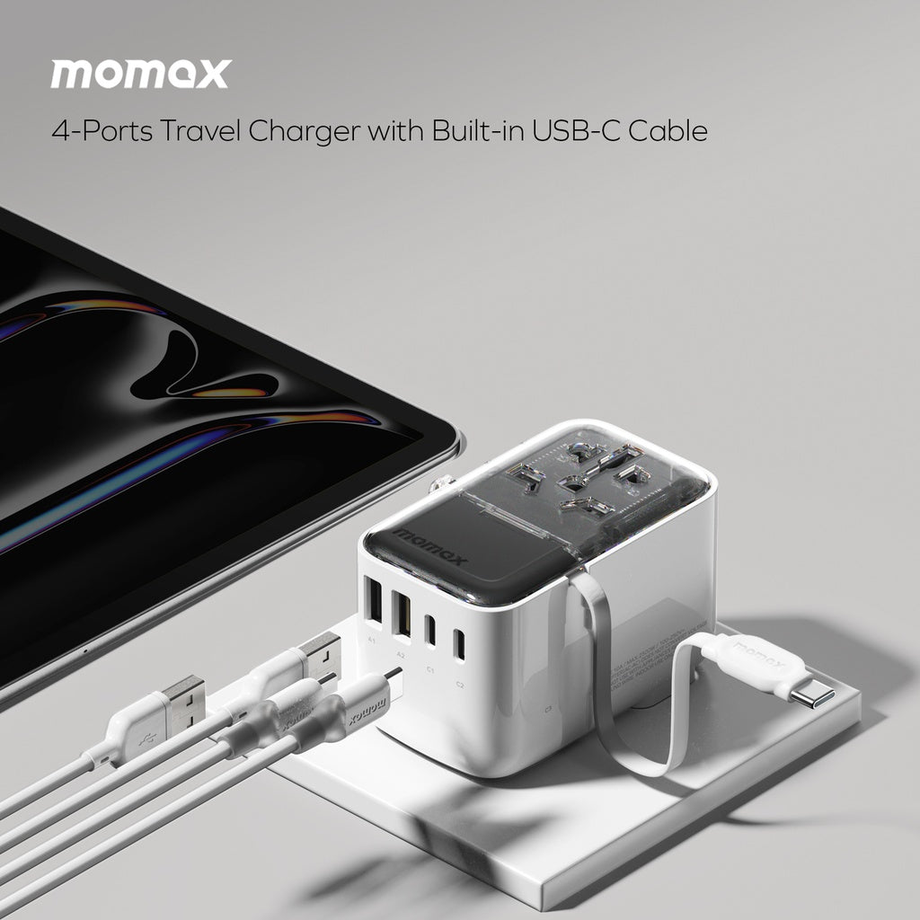 MOMAX 1-WORLD FLOW 35W 4 PORT WITH BUILT-IN USB-C CABLE TRAVEL ADAPTOR (Whte) MOMAX 1-WORLD FLOW 35W 4 PORT WITH BUILT-IN USB-C CABLE TRAVEL ADAPTOR (Whte)